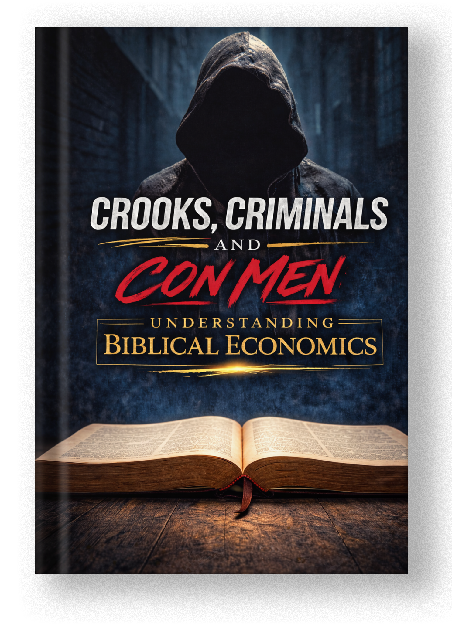 Book cover titled 'Crooks, Criminals and Con Men: Understanding Biblical Economics' with a hooded figure and open Bible.